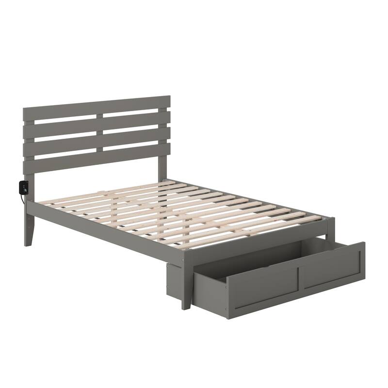 Full Bed with Foot Drawer & USB Charger - Modern Design, Grey Finish, Slat Kit Included - No Box Spring Needed