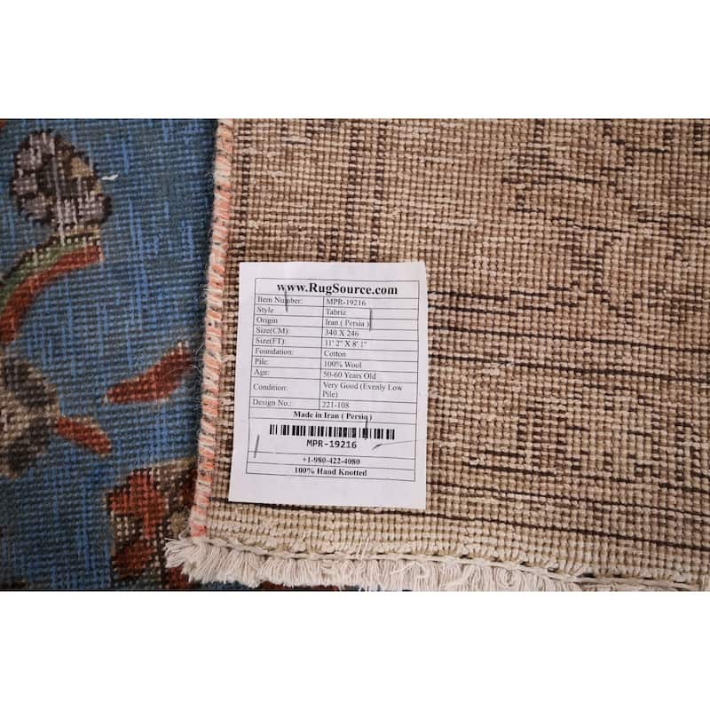 Distressed Blue Tabriz Vintage Persian Area Rug Handmade Wool Carpet - 8'1" x 11'2"