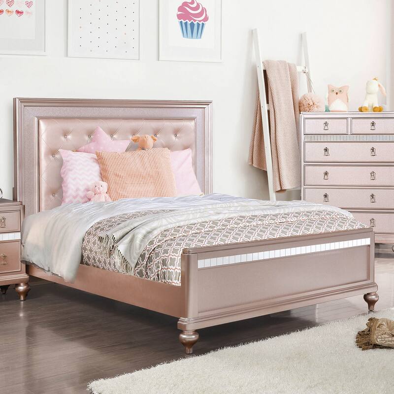 Furniture of America Dzhebel Contemporary Pink 2-Piece Faux Leather Tufted Headboard Panel Bed and Chest Set - Queen