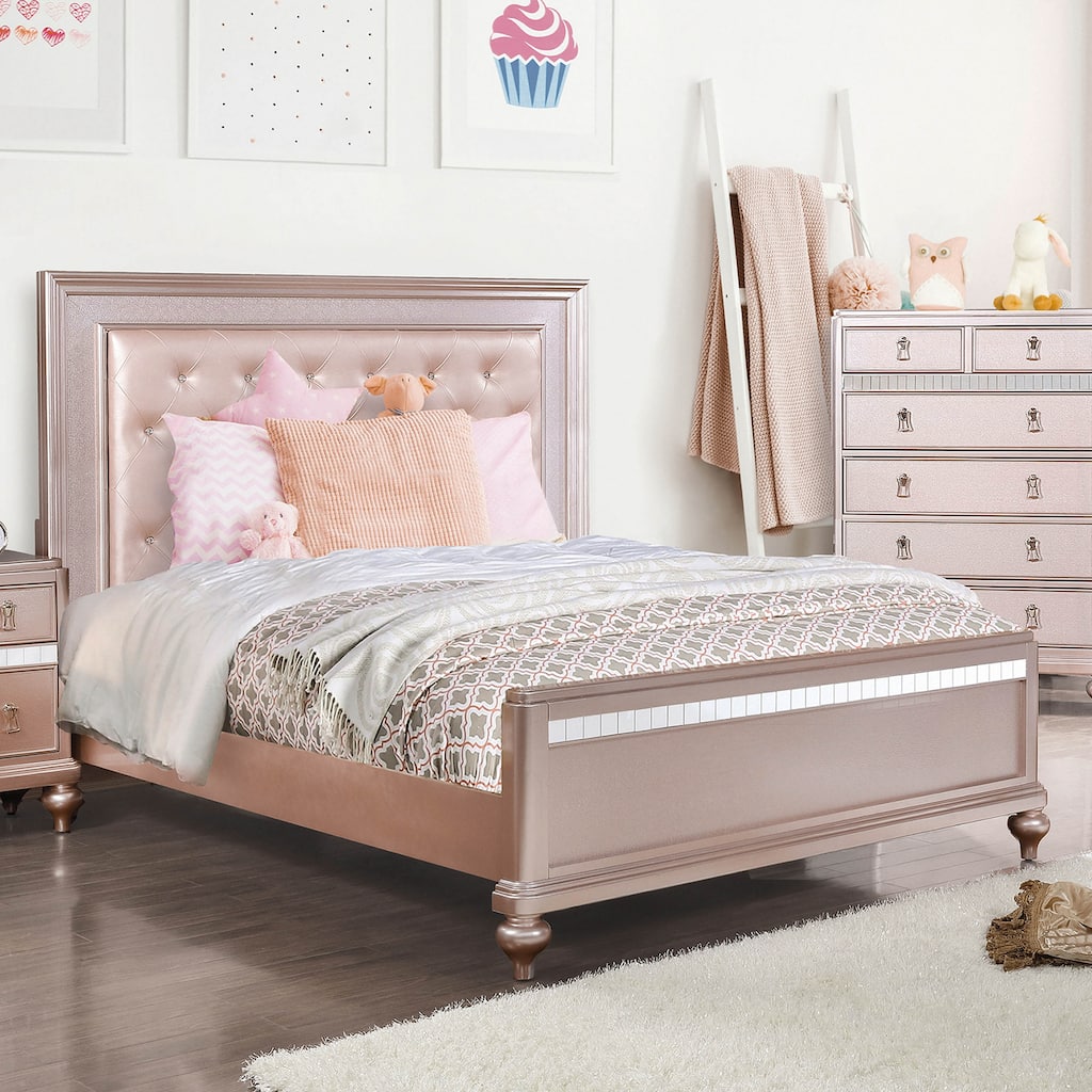 Furniture of America Dzhebel Contemporary Pink 2-Piece Faux Leather Tufted Headboard Panel Bed and Chest Set