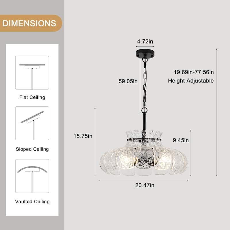 20.47-inch modern unique 4-light metal pendant lamp with glass ripple lampshade and adjustable height