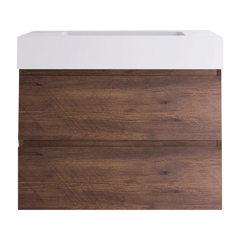 Wood Wall-Mounted Bathroom Vanity Set with White Integrated Resin Sink