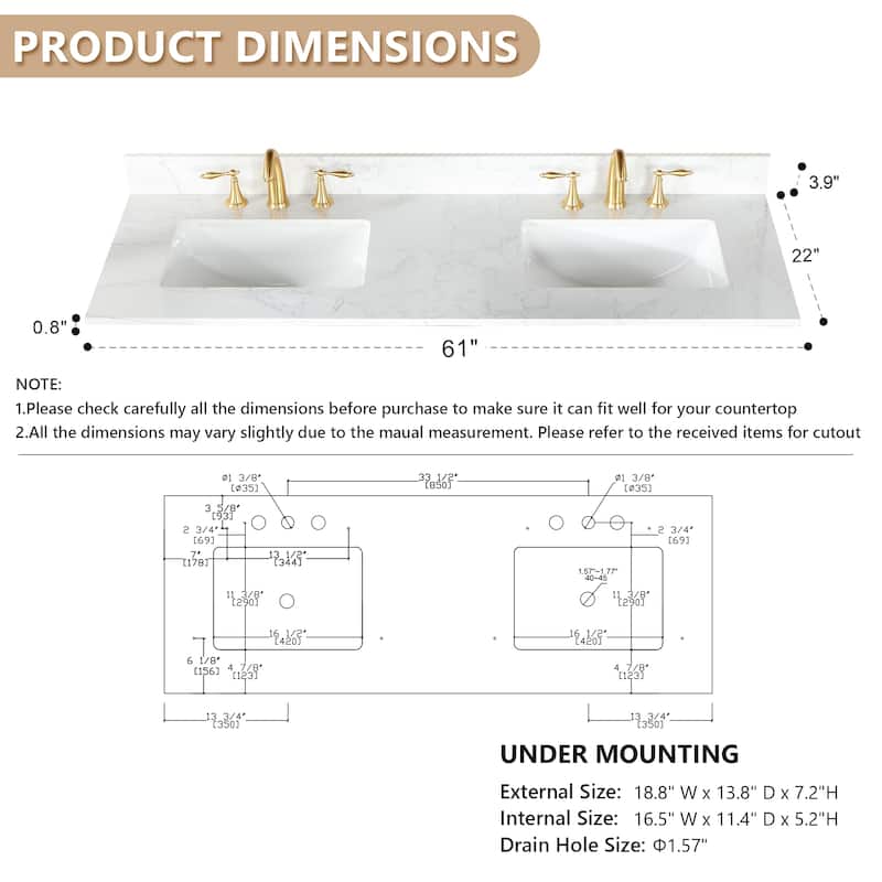 Altair Ceres Engineered Stone Vanity Top in Grain White Without Cabinet