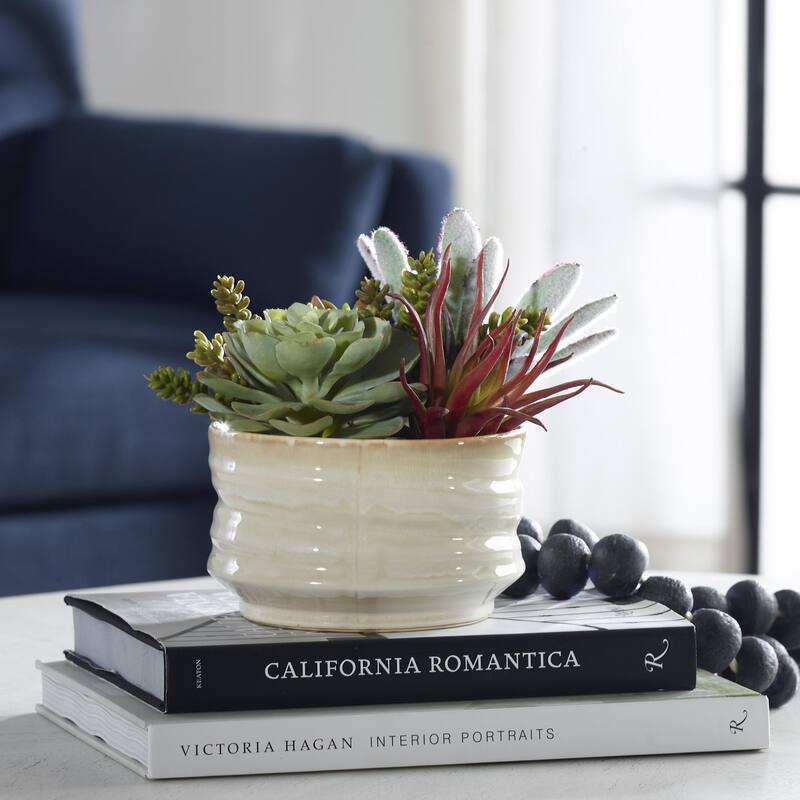 Uttermost 60209 Mesa Succulent 8-1/2" Tall Ceramic Faux Flora Planter - Tan