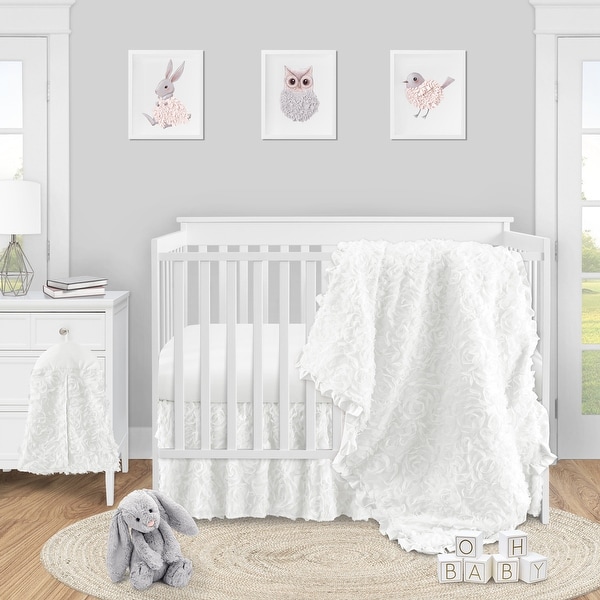 White Floral Rose Girl 4pc Nursery Crib Bedding Set Solid Flower Luxurious Elegant Princess Vintage Boho Shabby Chic Luxury Bed Bath Beyond 31894614