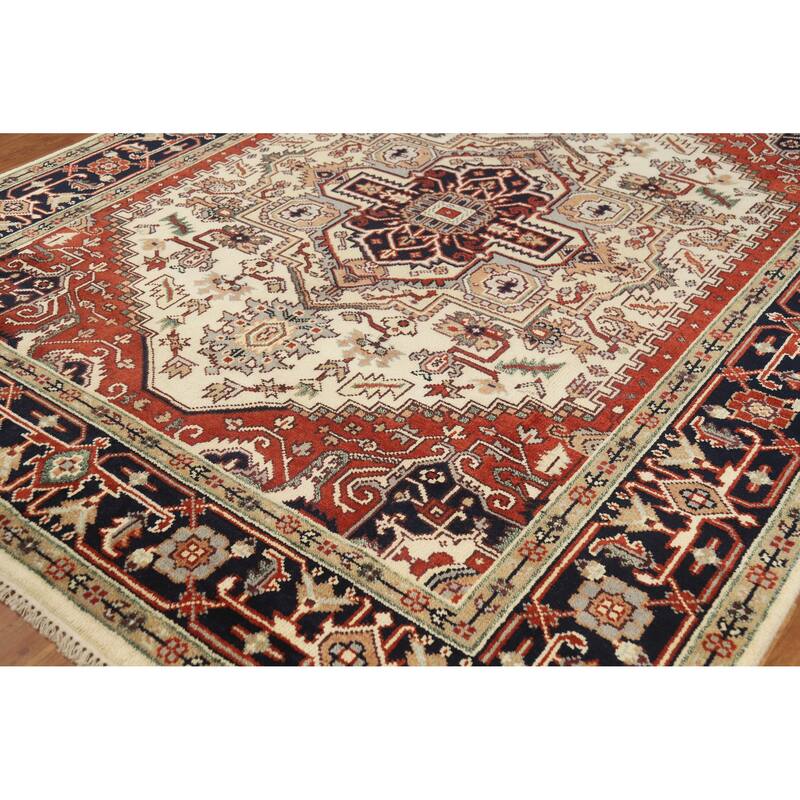 Geometric Ivory Heriz Serapi Indian Area Rug Handmade Wool Carpet - 8'0" x 9'9"