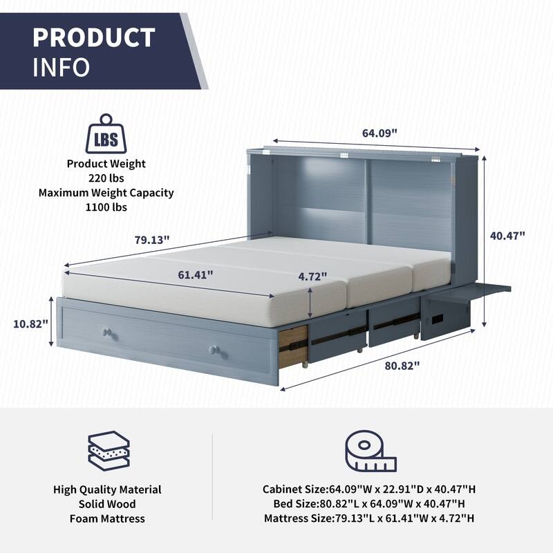 Mixoy Modern Murphy Bed Cabinet Chest with Mattress & Storage Platform