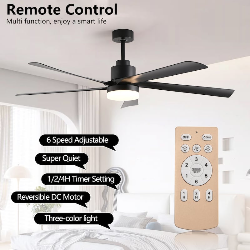 65 Inch Black Ceiling Fan with Light, 5-Blade Dimmable LED Ceiling Fan with Remote Control, Modern Quiet Design for Living Room