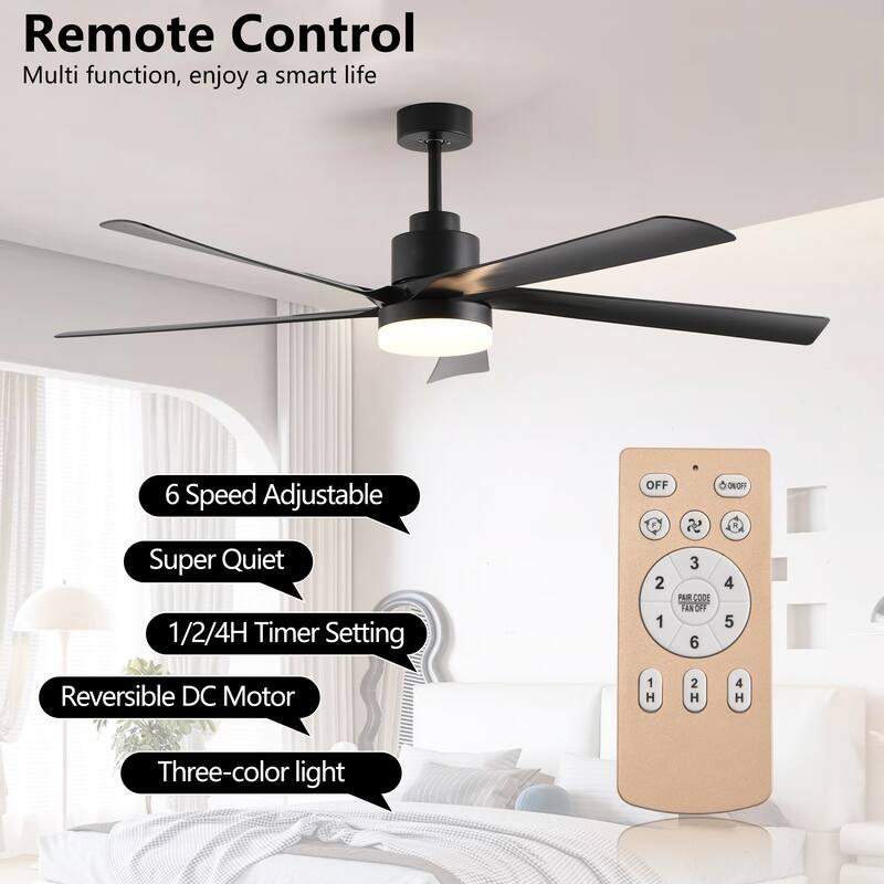 65 Inch Ceiling Fan with Light,5-Blade Dimmable LED Ceiling Fan with Remote Control,Quiet Design(6-Speed/Reversible/DC Motor)