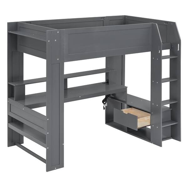 slide 2 of 16, Grey Wood Twin Size Gaming Loft Bed with Desk Storage Drawer Shelves Dark Grey - Twin