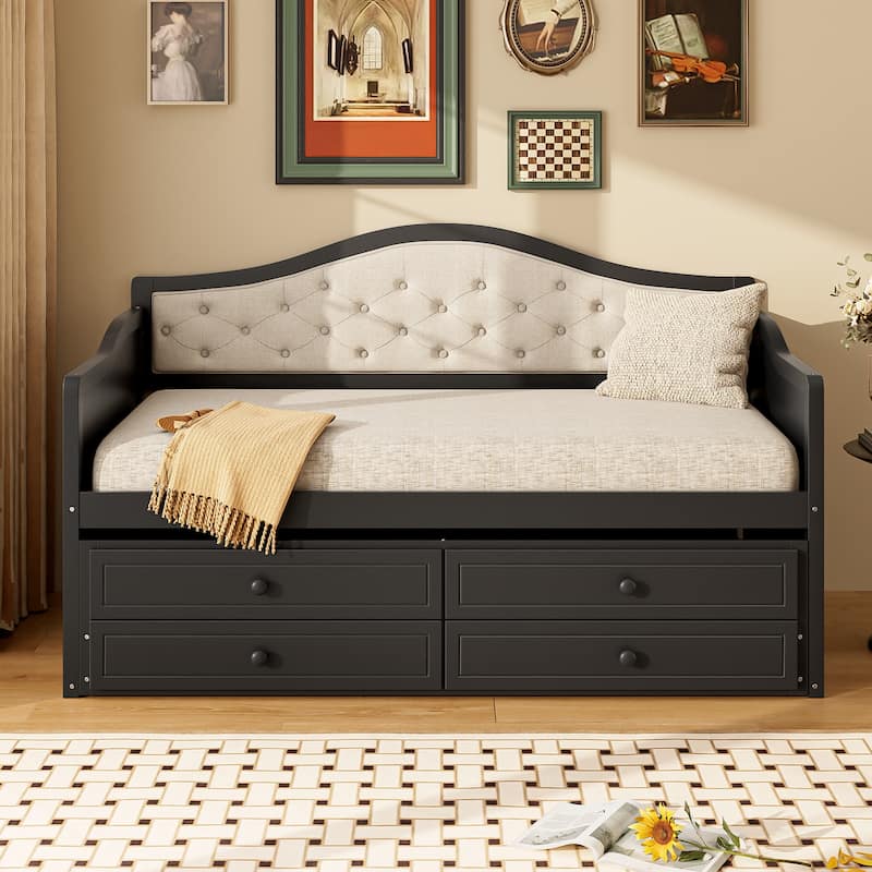 Wooden Frame Day Bed, Twin Size Daybed with Trundle Bed, Upholstered Tufted Button Backrest Sofa Bed with 2 Storage Drawers