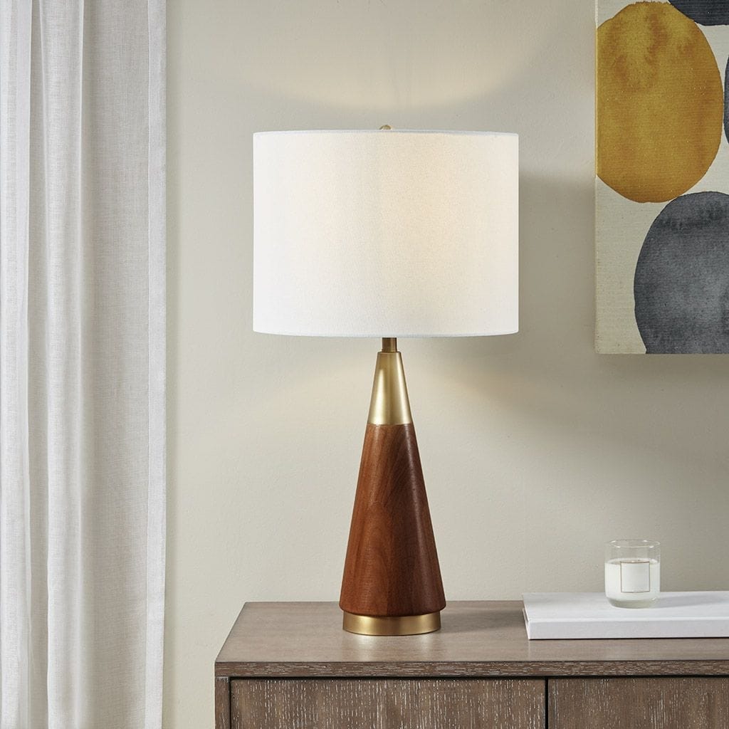 Triangular Table Lamp With a pecan finish with gold accents