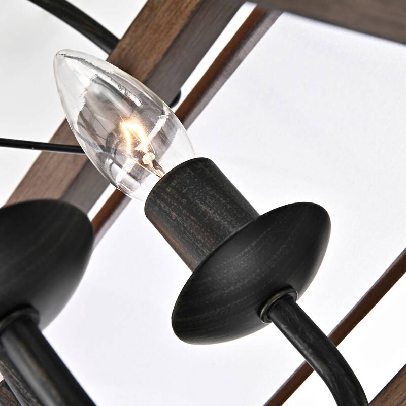 Alina Antique Black Metal Natural Wood Flush Mount with Fabric Shade