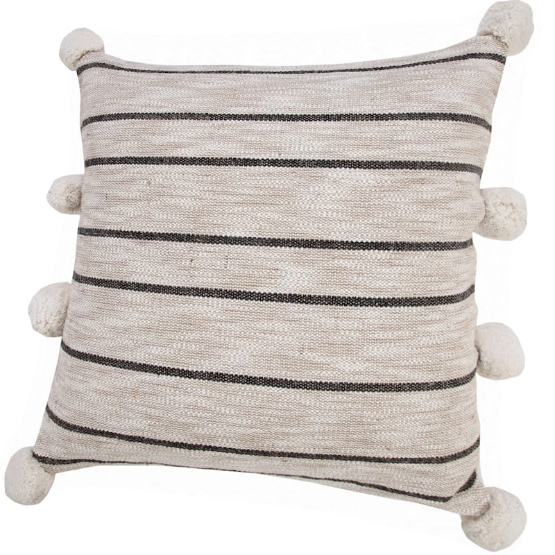 Handwoven Striped Square Throw Pillow Cover with Pom Poms - 20" - Cream and Black