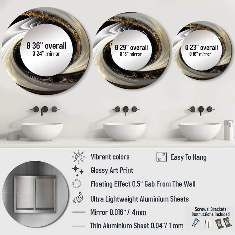 Designart "Abstract Modern Swirl I" Animals Round Bathroom Mirror - Black Modern Round Wall Décor