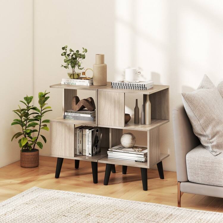 Set of 2 Grey Modern End Tables 3-Tier Bookshelf Nightstands with Open Storage - 16" x 16" x 27.5"