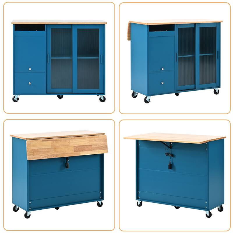 Kitchen Island Cart w/Drop Leaf, LED Light & Changeable Wheels or Feet