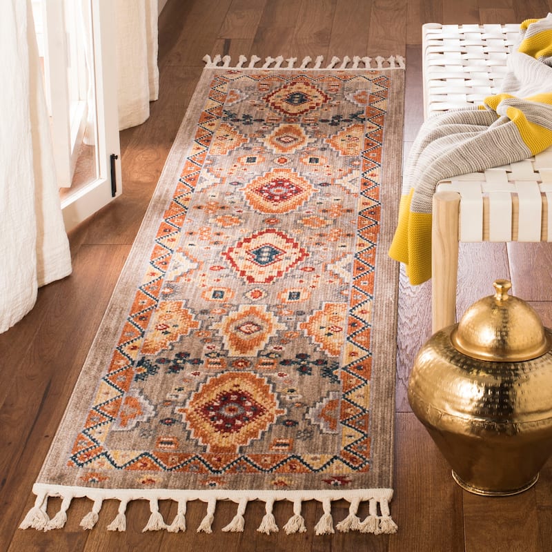 SAFAVIEH Farmhouse Nadide Boho Tribal Polyester Rug - 2'1" x 8' Runner - Taupe/Orange