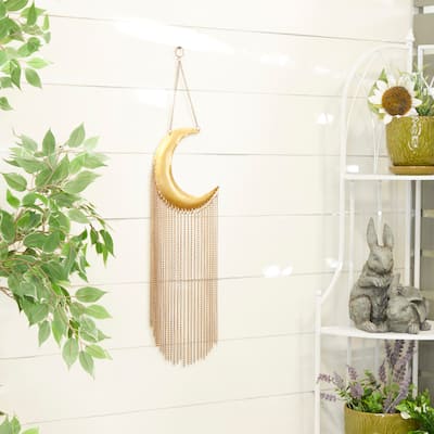 Gold Metal Indoor Outdoor Moon Windchime with Chain Tassels