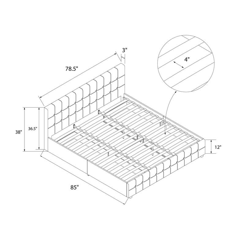 Roomfitters King Velvet Upholstered Bed Frame with Storage Drawers and Square Tufted Headboard, Black