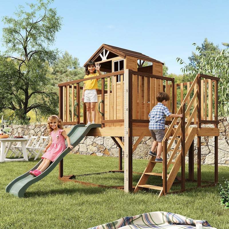 9-in-1 Wooden Playhouse with Slide & Sandbox