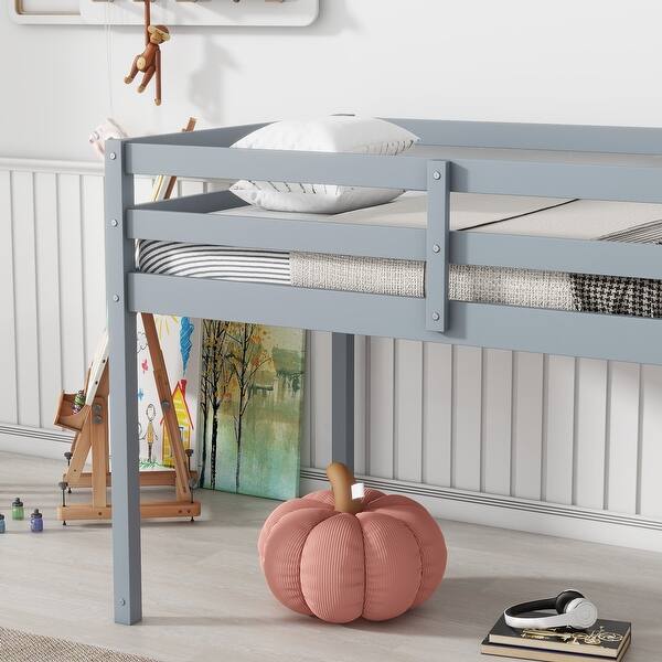 slide 2 of 8, Low Height Design Twin Solid Wooden Loft Bed with Ladder, Bed Platform of Strengthened Slats,Gray Gray