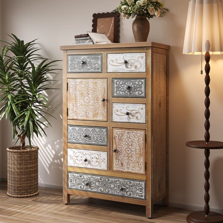 27.56" Vintage Tall Wooden Multicolor Carved Storage Dresser with 6 Drawers and 2 Doors