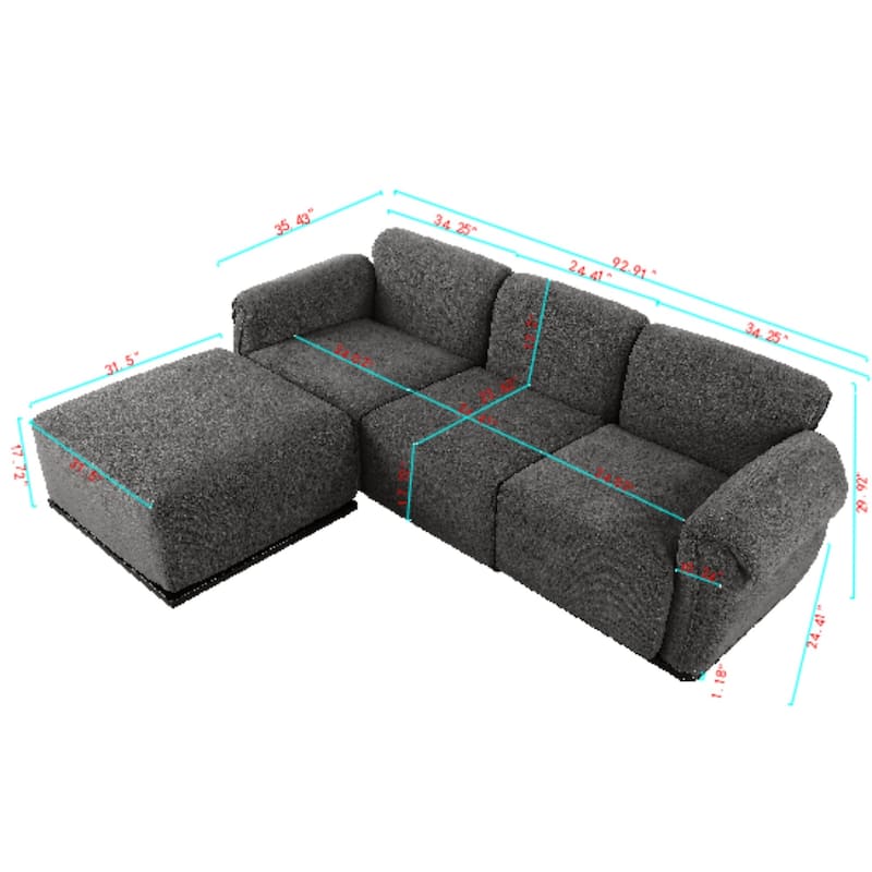 93" L-Shaped Modular Chenille Sectional Sofa with Movable Ottoman