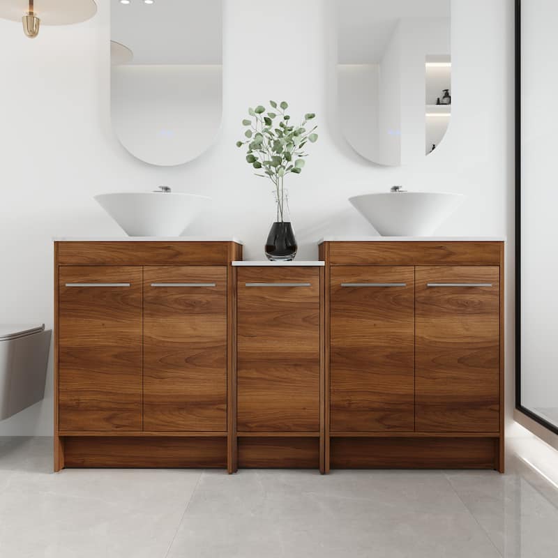 Malwee 24"/36"/48"/60" FreeStanding Bathroom Vanity, Floor Stand Bathroom Vanity with Ceramic Sink,Soft Close Door and Shelf - 58.86"×18.9" - Brown with sink-217
