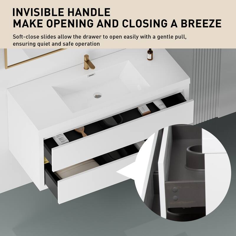 GDFStudio - Maxwell Floating Bathroom Vanity with Stone Resin Countertop & Soft-Close Drawers