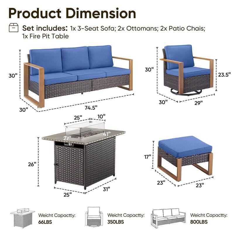 Pocassy Outdoor Wicker Sofa Swivel Chair with Fire Table Set