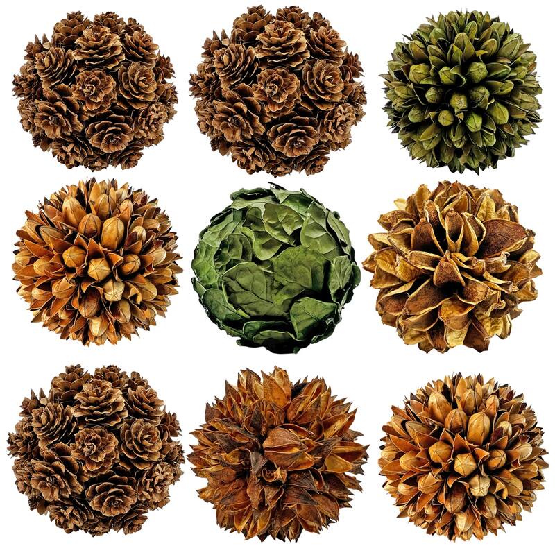 Handmade Preserved Topiary Balls, Set of 9 Decorative Floral Orbs - 4 inch
