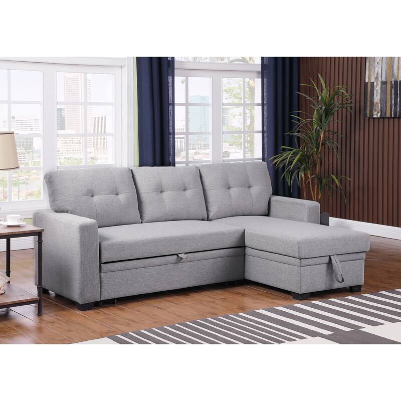 Light Gray Linen Upholstered Pull out Sectional Sofa with Chaise