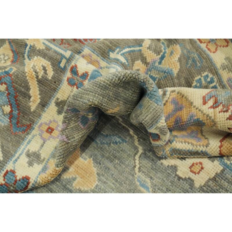 Handmade Gray Oushak Vegetable Dye Area Rug, Floral Geometric Carpet - 11' 10'' X 9' 2''