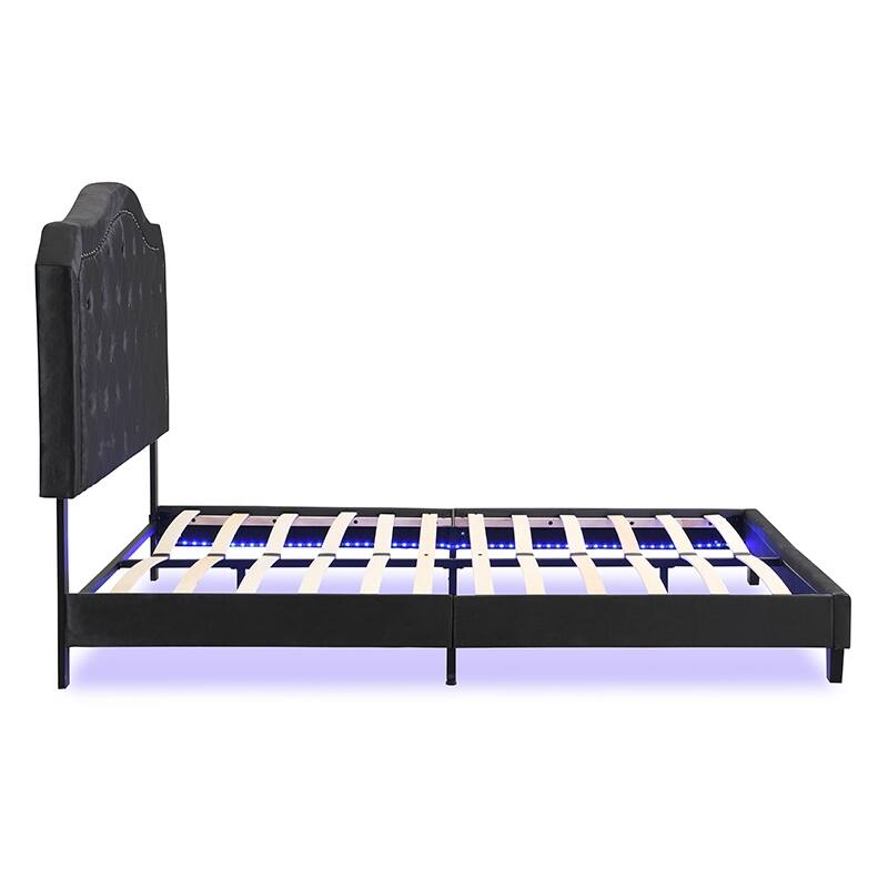 Elegant Upholstered Queen Bed with Button Tufted Curves, LED Lights, and Strong Wooden Slat Support, No Box Spring Needed
