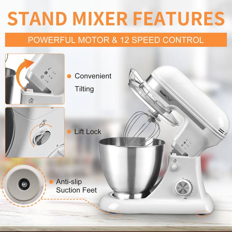 4.8QT Electric Stand Mixer, 12 Speed Tilt Head Food Mixer with Dough Hook, Whisk, Beater, Stainless Bowl
