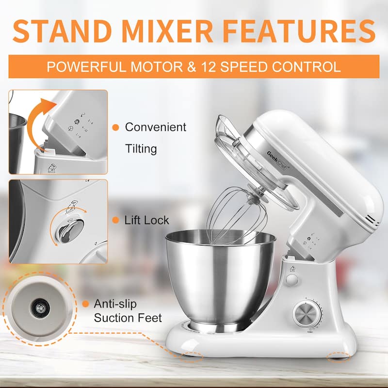 Anmytek 4.8QT 12-Speed Tilt-Head Electric Stand Mixer - Rotary Knob, Dough Hook/Whisk/Beater/Bowl