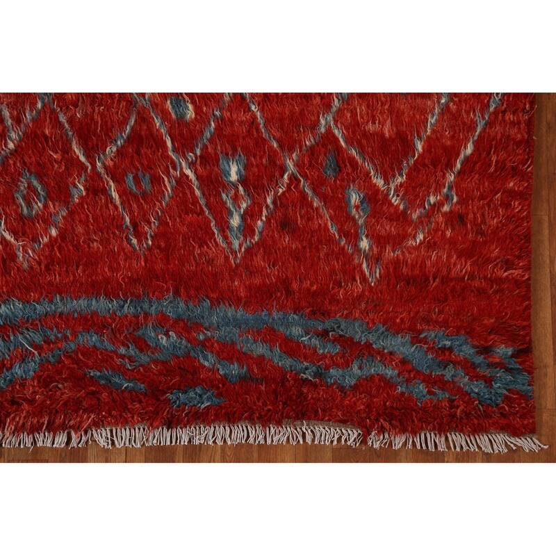 Hand Knotted Oriental 100% Wool Carpet Modern Tribal Red Moroccan Area Rug - 9' 9'' X 6' 5''