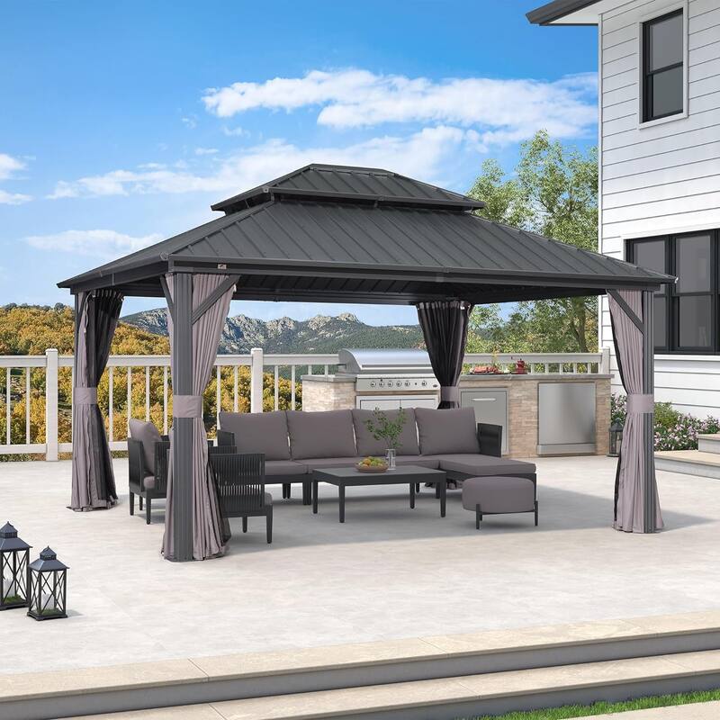 PURPLE LEAF Gazebo Outdoor Gazebo with Dual-Layer Galvanized Steel Double Roof Aluminum Gazebo with Netting and Curtains Grey - 12ft x 14ft