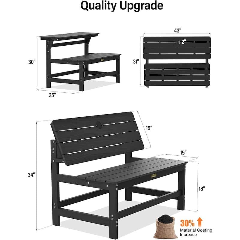 WINSOON All Weather HIPS Outdoor Convertible Bench Picnic Table with Umbrella Hole