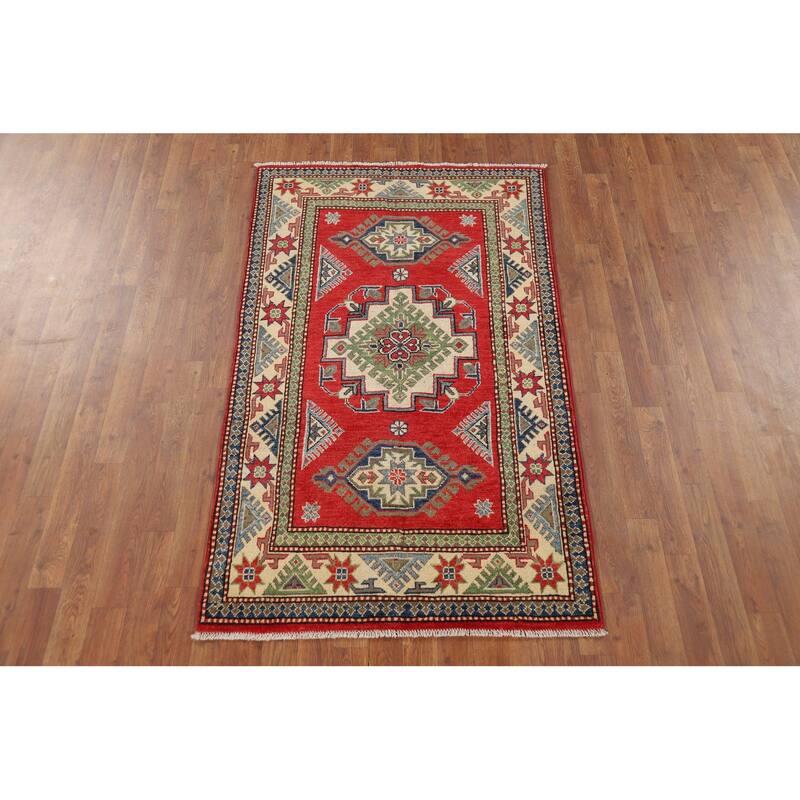 Kazak Accent Rug Handmade Traditional Red Wool Carpet - 3'3" x 5'6"
