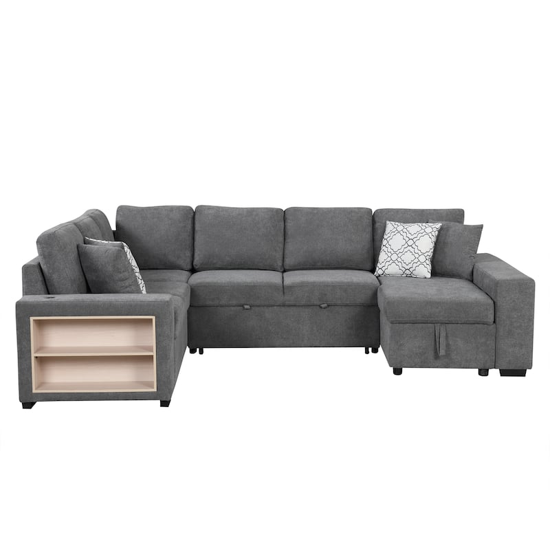 Roomfitters U-Shaped Sectional Sofa with Pull-Out Bed, Two USB Ports, Storage Chaise Lounge, and Four Back Pillows
