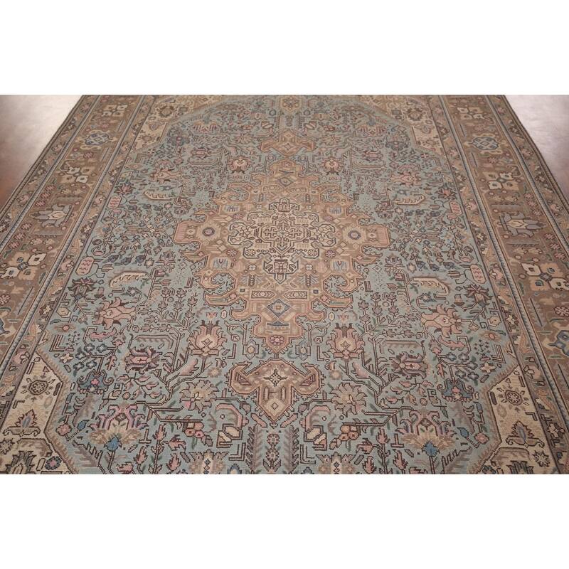 Light Blue Geometric Tabriz Persian Vintage Rug Handmade Wool Carpet - 7'8"x 11'5"