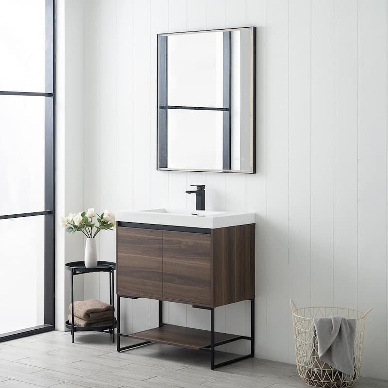 Freestanding Bathroom Vanity Set with Open Shelf & Acrylic Sink - 30" - Walnut