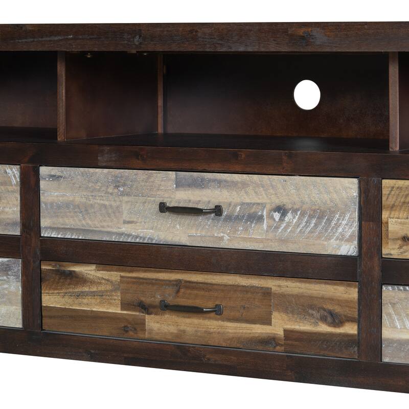 64" Distressed Wood TV Stand, 6 Drawer Storage & 3 Shelves, Cable Management - Farmhouse Style