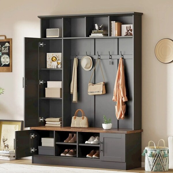 3-in-1Hall Tree, Storage Bench with Coat Rack, Shoe Storage & 6
