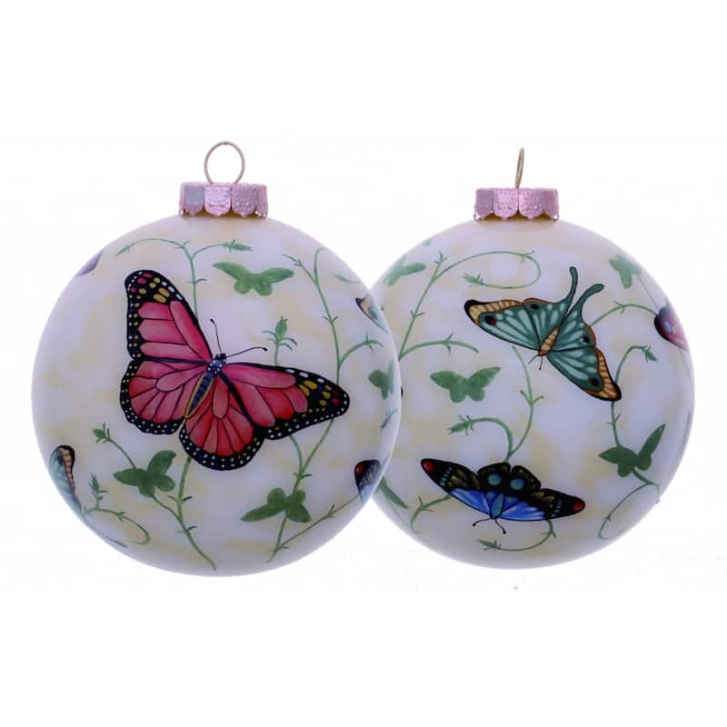 Colorful Butterflies Hand Painted Mouth Blown Glass Ornament - 3" x 3" x 3"