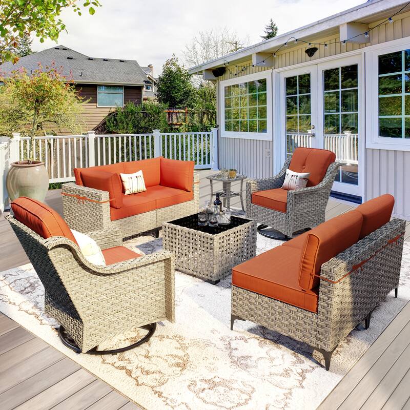 OVIOS 8 Pieces Outdoor Wicker Swivel Chair Set With Solar-Powered Coffee Table