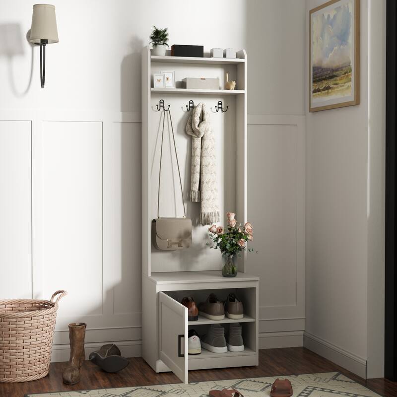 HOMCOM Rustic Hall Tree with Shoe Storage Bench, Entryway Bench with Coat Rack - White