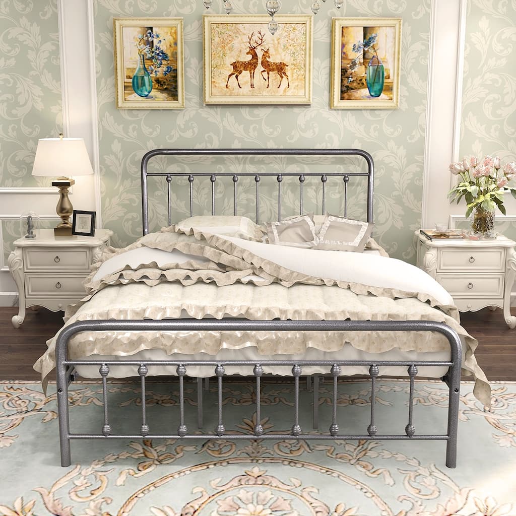 Metal Bed Frame Queen Size Platform No Box Spring Needed with Vintage Headboard and Footboard Premium Steel Slat Support
